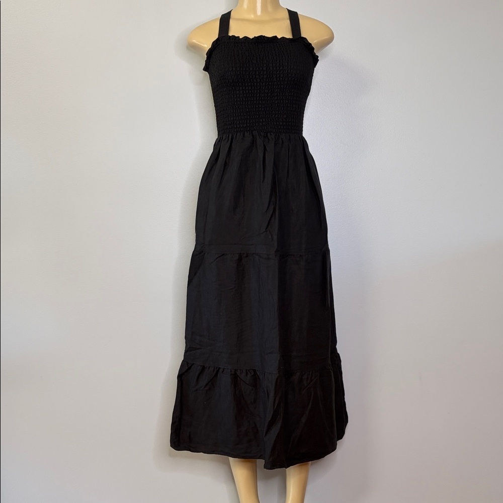 Vetta Capsule Black Linen Blend Smocked Maxi Dress Size S